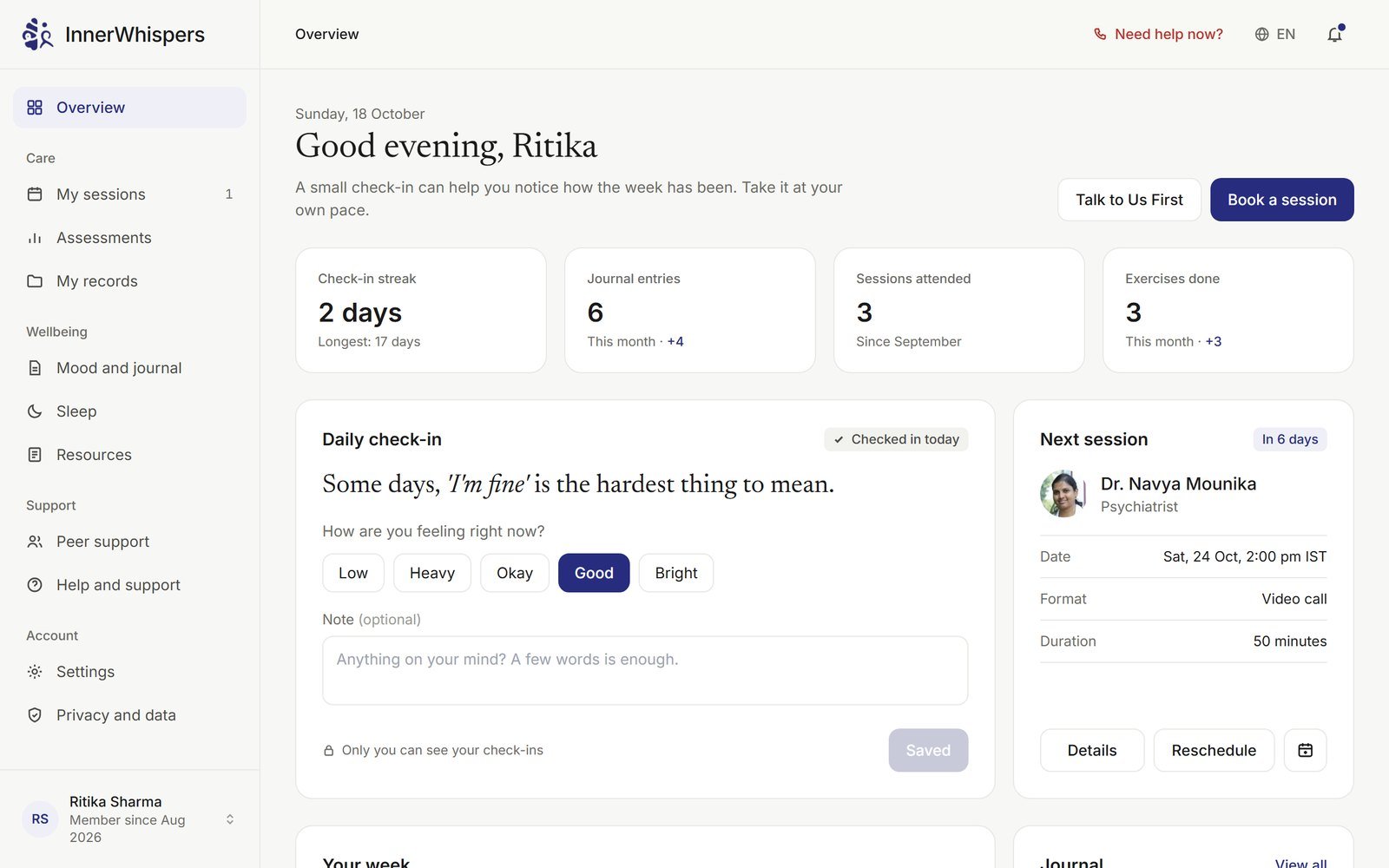 The InnerWhispers user dashboard, showing a daily mood check-in, the next session with a psychiatrist and weekly stats
